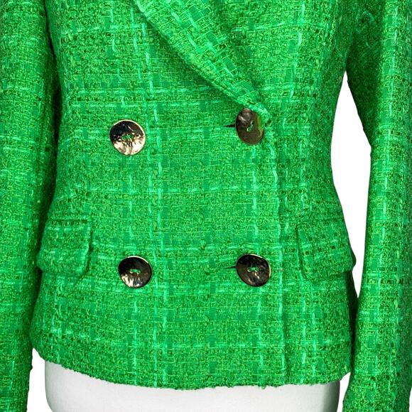 Zara Kate Middleton Textured Tweed Boucle Apple Green Gold Button Cropped Blazer - Picture 12 of 14